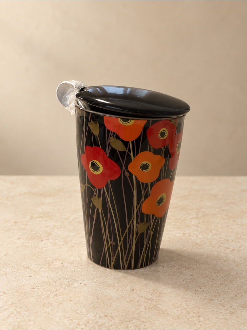 Black Floral Ceramic Canister with Red & Orange Poppy Design